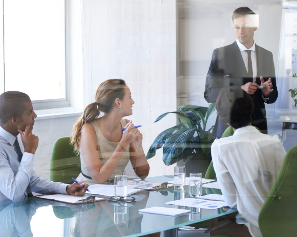 Meeting, presentation and businessman in office with window, report or speaker at b2b workshop. Teamwork, discussion and business people in conference room brainstorming ideas, planning and review.